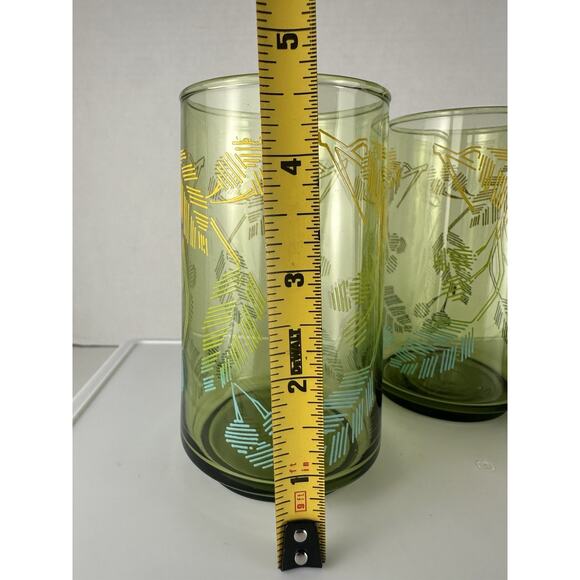 Libbey Green Drinking Glass Tumbler Leaf Jungle Foliage Yellow Blue Print VTG 3 - Picture 6 of 7